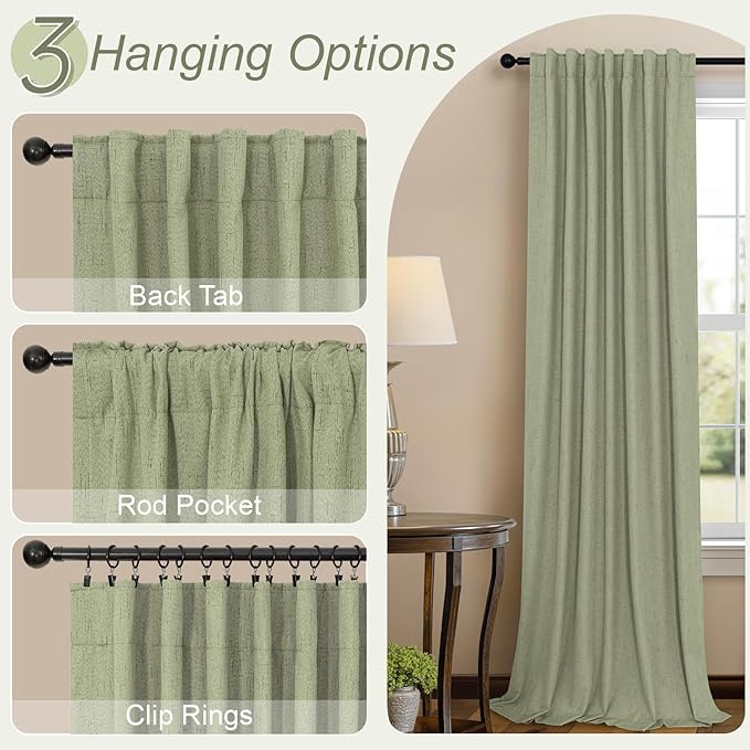 Light Sage Green Back Tab Blackout Curtains for Boys Room Girls 72 Inch Length 2 Panel Cotton Linen Look Window Treatments Thick Soundproof Curtains for Doors Living Room Darkening Drapes Cottagecore
