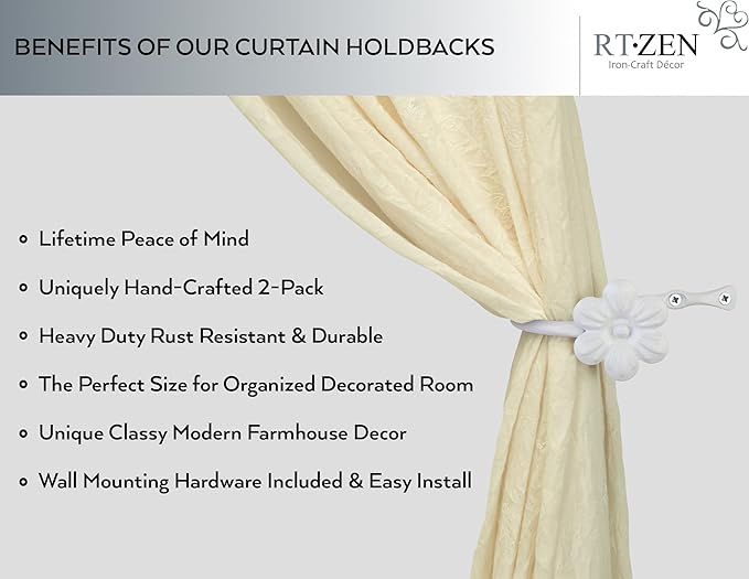 RTZEN Decorative Metal Curtain Tiebacks - Farmhouse Wrought Iron Curtain Holdbacks - Drapery Holders for Wall - Unique Metal Tie Backs for Curtains - 2 Pcs (White Flower)