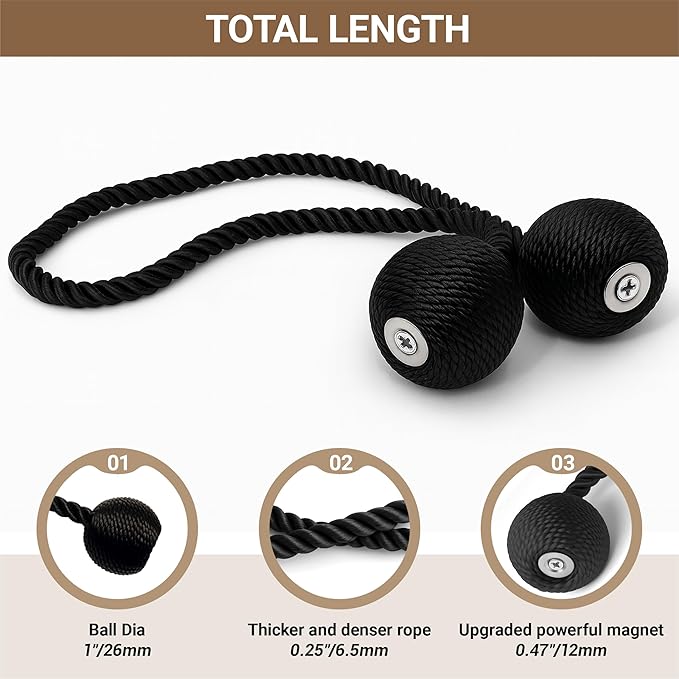 Hion Magnetic Curtain Tiebacks 4 Pack, Nickel-plated Metal and Polyester, Black