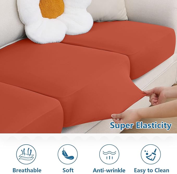 hyha Milk Silk Couch Cushion Covers, Soft Magic Sofa Covers Washable for 2 Cushion Couch, Stretch Sectional Outdoor Cushion Covers for Patio Furniture with Elastic Bottom(Medium, Rust)