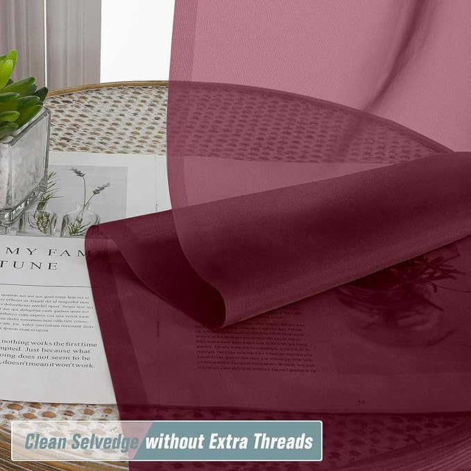 Burgundy Window Sheer Curtains 45 Inches Length, Voile Short Curtains for Living Room Bedroom, Modern Soft Window Drapes 2 Panels Set, Top Dual Rod Pocket Design, 2x42Wx45L Inches