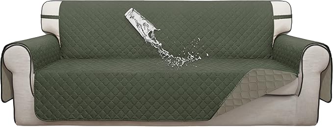 ISSUNTEX Double Protection 100% Waterproof Sofa Covers for Living Room, Couch Covers for 3 Cushion Couch Sofa, Reversible Furniture Protector Sofa Cover for Dogs (Oversized Sofa, Greyish Green/Beige)