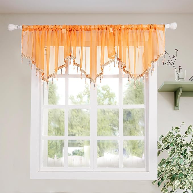 Molaxhome Swag Curtain 51 inch Length Rod Pocket Scalloped Curtain Valance Sheer Lace Panels with Hanging Crystal Beads for Kitchen Bedroom Window Treatments Drape Decor 1pc (Orange, 51Wx23L)