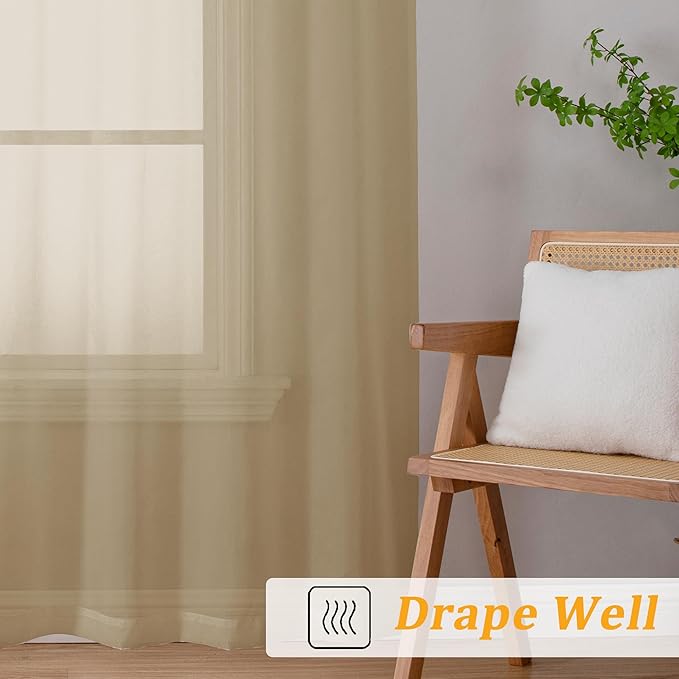 Gwine Taupe Sheer Curtains 30 Inch Length, Short Light Filtering Voile Small Cafe Kitchen Curtains with Rod Pocket, Short Curtain for Bathroom Window, 42x30 Inch, 2PCS