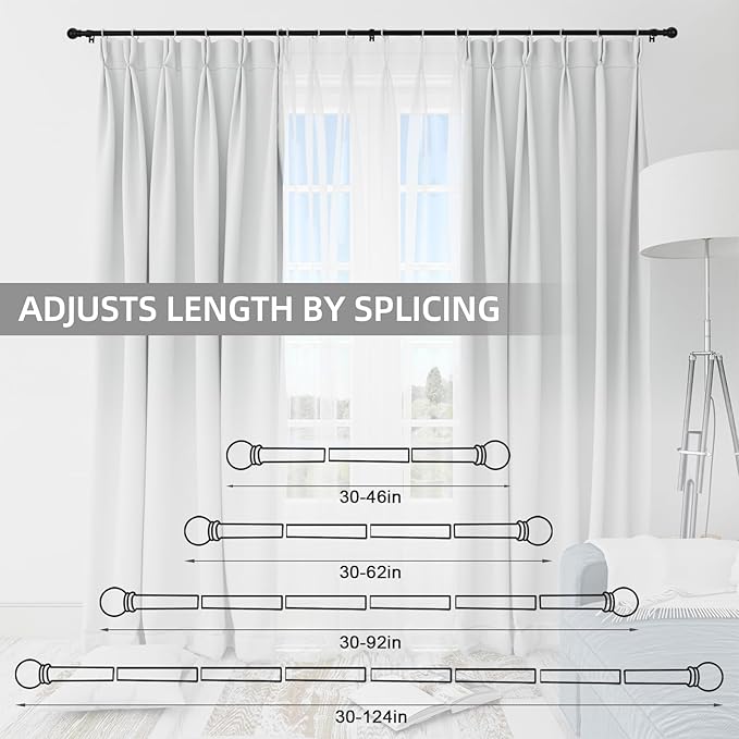 Thestoa Black Curtain Rods 2 pack for Windows 30-62 inch Adjusts Length by Splicing, 5/8" Diameter Matte Black Small Curtain Rods for Bedroom, Living Room, Kitchen, Outdoor, Farmhouse