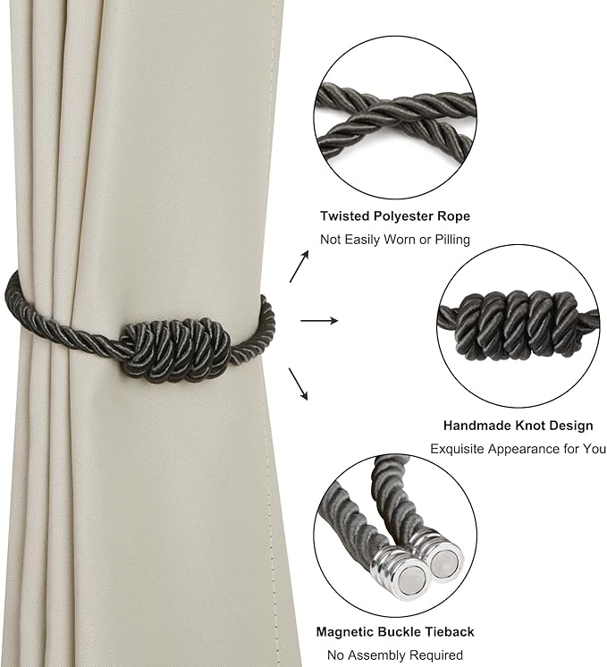 BEL AVENIR Magnetic Curtain Tiebacks, Decorative Drapery Holdbacks Modern Woven Tie-Backs with Exquisite Knot (Charcoal, 6 Pack)