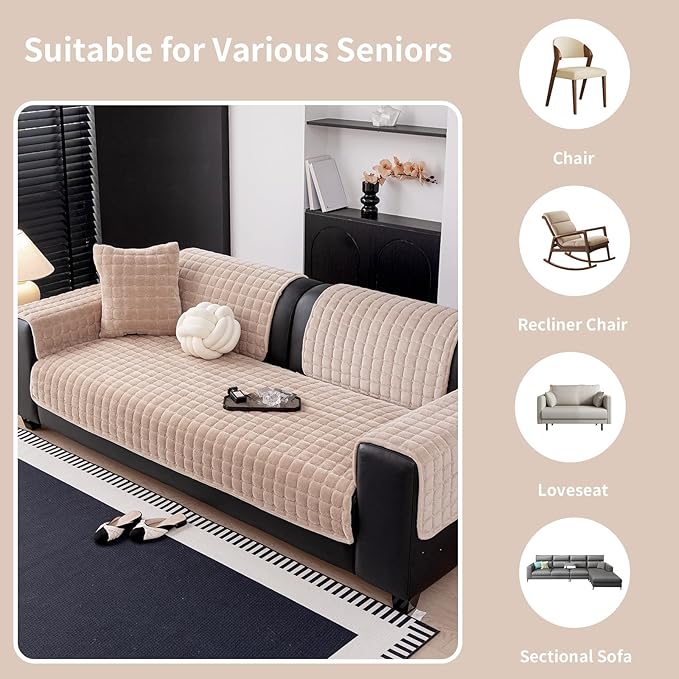 Velvet Couch Cover, Washable Sectional Sofa Cover, Anti Slip Sofa Slipcovers for 3 Cushion Couch Sofa L Shaped Recliner, Furniture Protector Covers for Pets Kids(Khaki, Only 1 PCS)