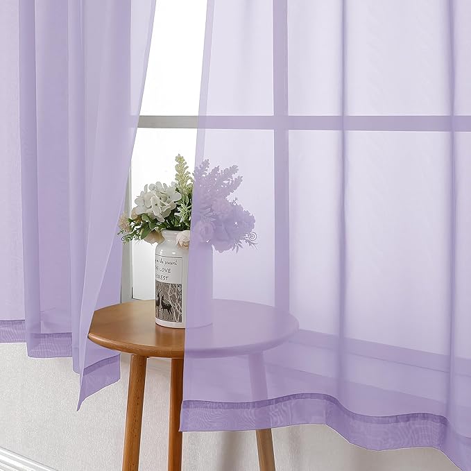 Lecloud Lavender Sheer Kitchen Curtains 54 Inch Length 2 Panels, Double Rod Pockets Window Living Room Light Purple Curtain, Balance Light & Privacy Solid Voile Girls Bedroom Drapes, 40W x 54L