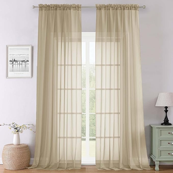 Lecloud Taupe Sheer Curtains 108 Inches Long 2 Panels, Dual Rod Pocket Light Filtering Bedroom Curtains for Living Room Decor, Airy Solid Color Window Treatments Drapes, Each Panel 59" W x 108" L