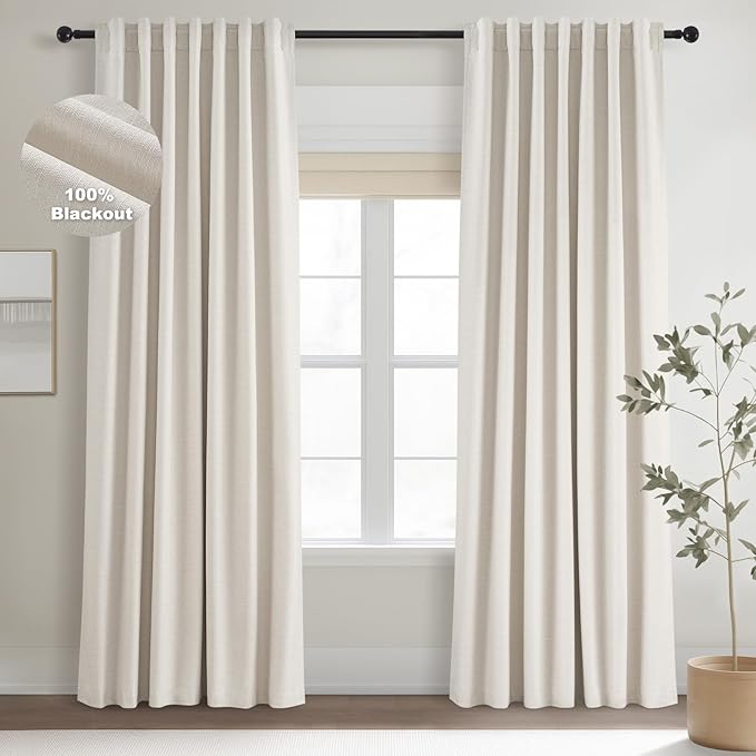 Topfinel Off-white Blackout Cream White Curtains, Sound Proof, Ivory Linen, Tab Top, UV Blocking, Cute Farmhouse for Small Window Bedroom Nursery, 52" X 63"