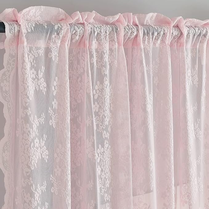 YJ YANJUN Vintage Lace Curtains Elegant Floral Pink Sheer French Door Curtains Set of 2 Shabby Chic Voile Door Drapes for Door Window Living Room Girls Room 52" W x 72" L 2 Panels