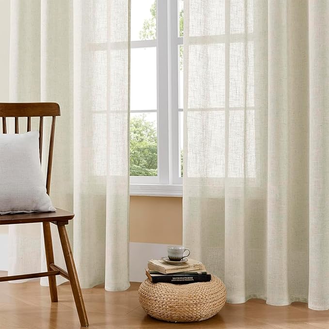 Joydeco Linen Curtains 96 Inch Length 2 Panel Sets, Light Filtering Curtains for Bedroom 52 Inch Wide Living Room Drapes with Back Tabs & Rod Pockets (W52 x L96 Inch, Beige)
