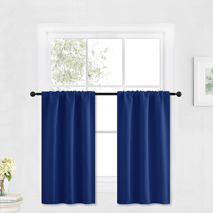 RYB HOME Blackout Cafe Curtains 30 inch Length, Short Light UV Heat Blocking Energy Saving Privacy Curtain Tiers for Basement Bathroom Kitchen Window, Width 29 by Length 30, Marine Blue, 2 Panels