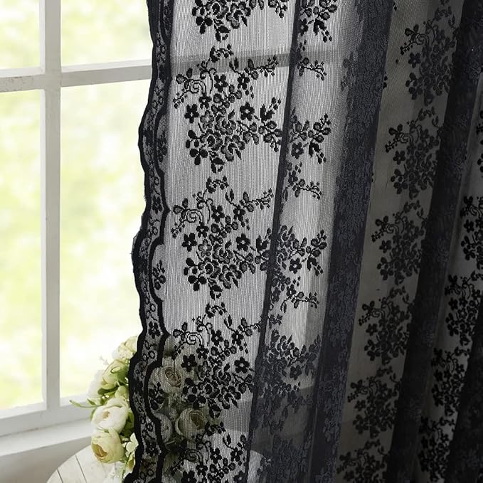 YJ YANJUN Vintage Lace Curtains 63 Inch Length-Victorian Floral Pattern Black Sheer Curtain Panels for Living Room Bedroom,Light Filtering, Gothic Witchy Halloween Drapes 2 Panels 52W x 63L