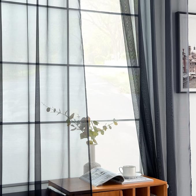 youleyar Solid Sheer Rod Pocket Curtain Voile Draperies 2 Panels White Beige Black Grey Coffee 52 Inch Width 45 Inch Long 1 Pair for Kitchen Bedroom Children Living Room Yard(Charcoal Grey,52Wｘ45L)