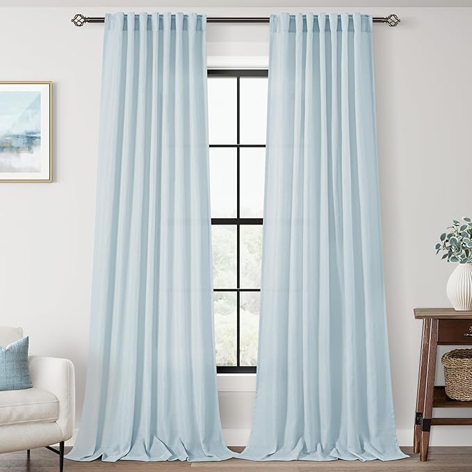 Sky Blue Curtains 120 inch Length for Bedroom Back Tab Light Filtering Semi Sheer Blue Living Room Curtains Linen Cotton Textured Drapery Panel Aesthetic Decor Light Blue 52x120