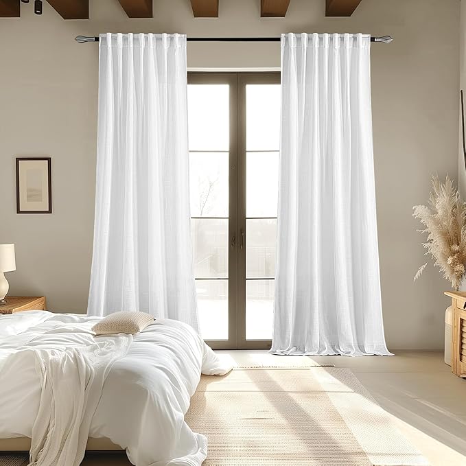 MIULEE White Linen Curtains 96 Inches Long 2 Panels for Bedroom Living Room, Soft Thick Linen Textured Back Tab Window Drapes Semi Sheer Light Filtering Rod Pocket Modern Farmhouse Decor