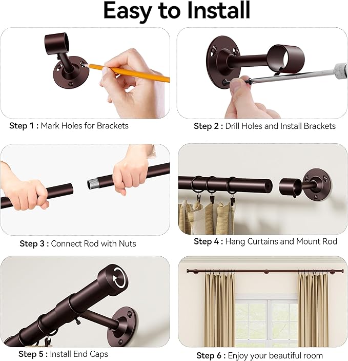YaFex 2 Pack Heavy Duty Curtain Rods 32-120 Inch, 1 Inch Adjustable Long Curtain Rod for Windows, Bronze Window Treatment Rods Set with Aluminium Finials, Modern Design
