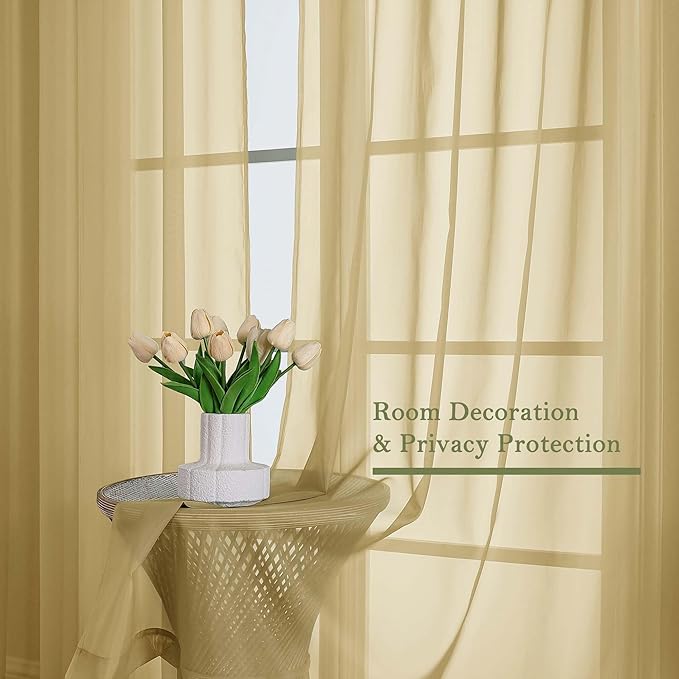 Lecloud Gold Sheer Curtains 90 Inches Long 2 Panels Set, Living Room Curtains for Bedroom Decor Dual Rod Pocket, Farmhouse Airy Light Filtering Solid Dining Room Drapes, Each Panel 59" W x 90" L