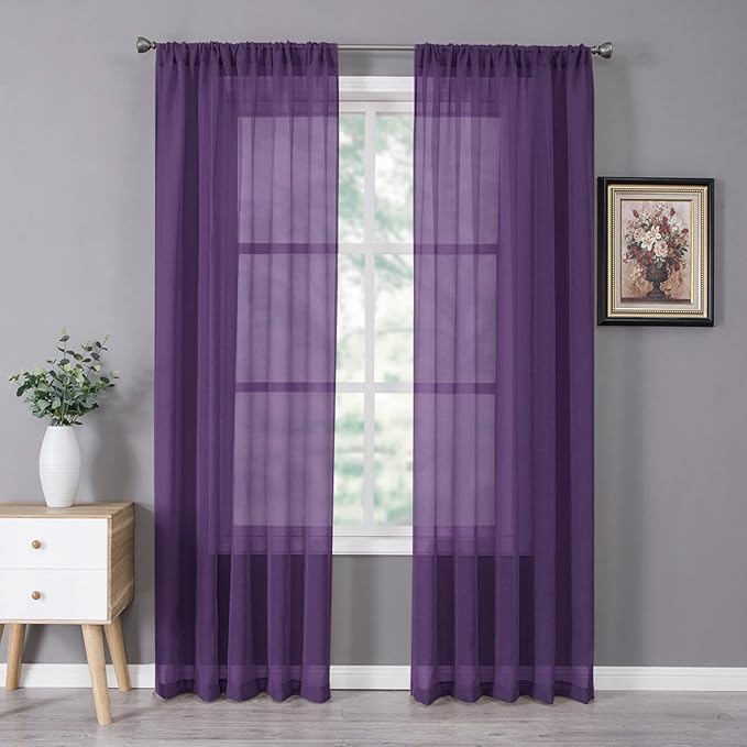 Tollpiz Sheer Curtain Linen Textured Living Room Curtains Sheer Light Filtering Rod Pocket Voile Curtain for Bedroom, 54 x 72 inches Long, Royal Purple, Set of 2 Panels