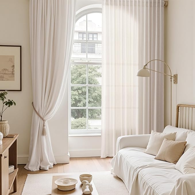 Nanspring Ivory White Curtains 80 Inches Length for Living Room Back Tab Rod Pocket Semi Sheer Linen Drapes Muted Neutral Boho Linen Window Curtain for Bedroom/Dining Room 52X80 Inches