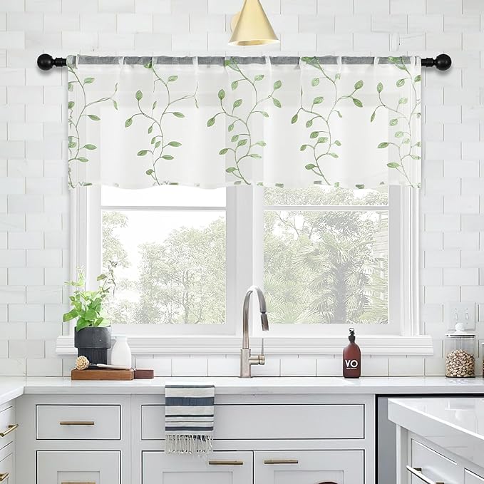 MRTREES Sheer Voile Curtain Valances 2 Panels, Sage Green Leaves Embroidered Valance Curtains 54x16 Inches, Rod Pocket Small Sheer Window Valance for Bedroom/Living Room/Kitchen(Greyish Green Leaves)