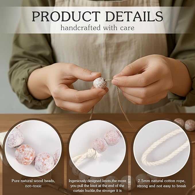Hion 4 Pcs Boho Curtain Tiebacks,Wood Beads Curtain Holdbacks,Outdoor Farmhouse Tie Backs for Curtains,Curtain Holders for Drapes Home Office Decor with Hooks(White Washed)