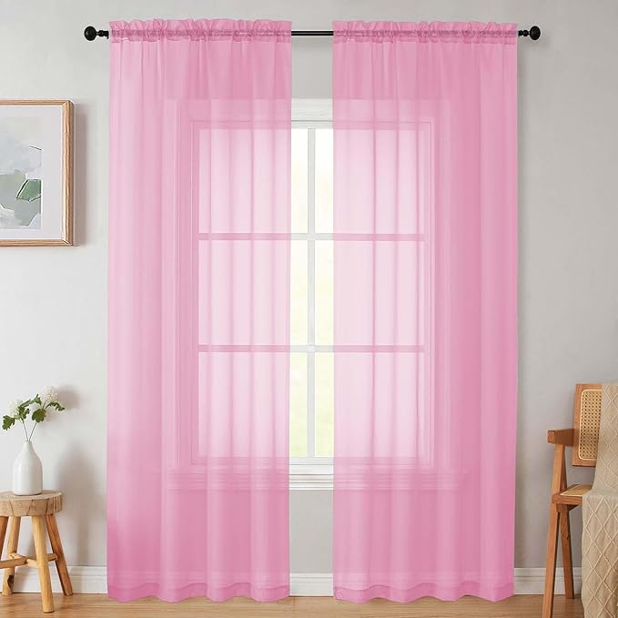Sheer Pink Curtains for Bedroom Living Room 90 Inches Long 2 Panels Set, Soft Airy Light Filtering Sheer Window Treatments, Modern Rod Pocket Curtains Drapes, Each 42" Wx90 L Inch