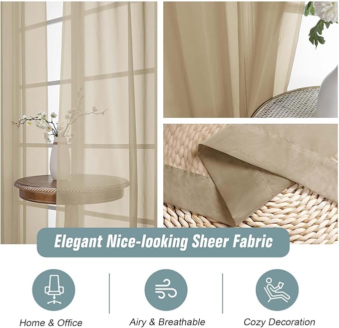 Taupe Window Sheer Curtains 54 inch Length, Soft Airy Light Filtering Sheer Curtain 2 Panels Set, Dual Rod Pocket Gauze Taupe Drapes for Living Room Bedroom, 2x42Wx54L Inches