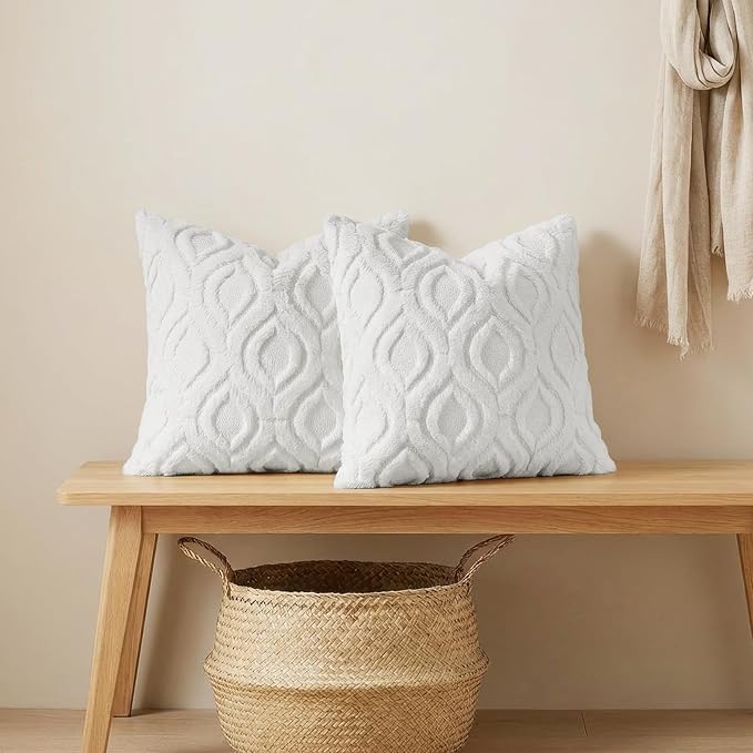 decorUhome Throw Pillow Covers 22x22 Inch Set of 2, Soft Plush Faux Wool White Solid Couch Pillow Covers, Accent Euro Sham Farmhouse Neutral Square Pillow Cases for Sofa Bed Living Room