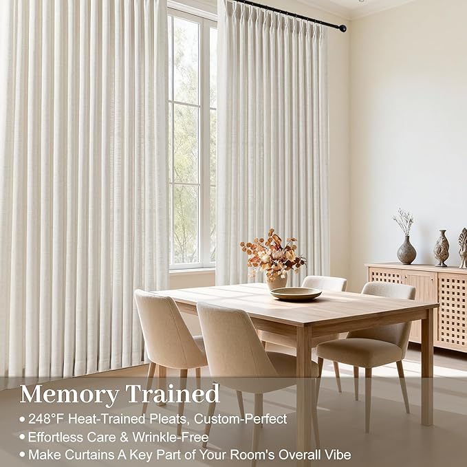 IVAPUPU Natural Extra Wide Pinch Pleated Linen Curtains for Living Room, Light Filtering Memory Training Semi Sheer Pleat Curtain with Hooks Rings Back Tab Window Treatments Drapes, 70Wx90L, 1 Panel