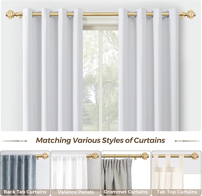 Curtain Rods 32 to 58 Inches (2.6-4.8ft), USFOOK 7/8 Inch Telescoping Splicing Drapery Rods for Windows 20 to 54 Inch, Decorative Curtain Rod for Home Decor with Luxury Gold Translucent Finials