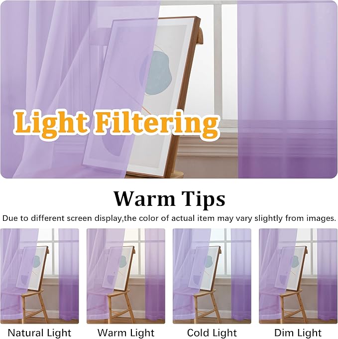 Gwine Lilac Sheer Curtains for Bedroom 54 inches Long 2 Panels, Light Filtering Voile Rod Pocket Curtains, Airy Transparent Sheer Drapes for Living Room, Each 42" Wx54 L