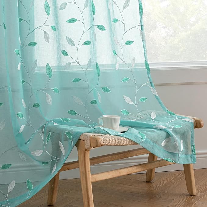 MIULEE Turquoise Sheer Curtains 2 Panels Embroidered Leaf Patterned Rod Pocket Floral Semi Sheer Faux Linen Window Curtains Drapes Set for Living Room Bedroom Dining Room, 52x63 Inches Long