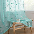 MIULEE Turquoise Sheer Curtains 2 Panels Embroidered Leaf Patterned Rod Pocket Floral Semi Sheer Faux Linen Window Curtains Drapes Set for Living Room Bedroom Dining Room, 52x63 Inches Long