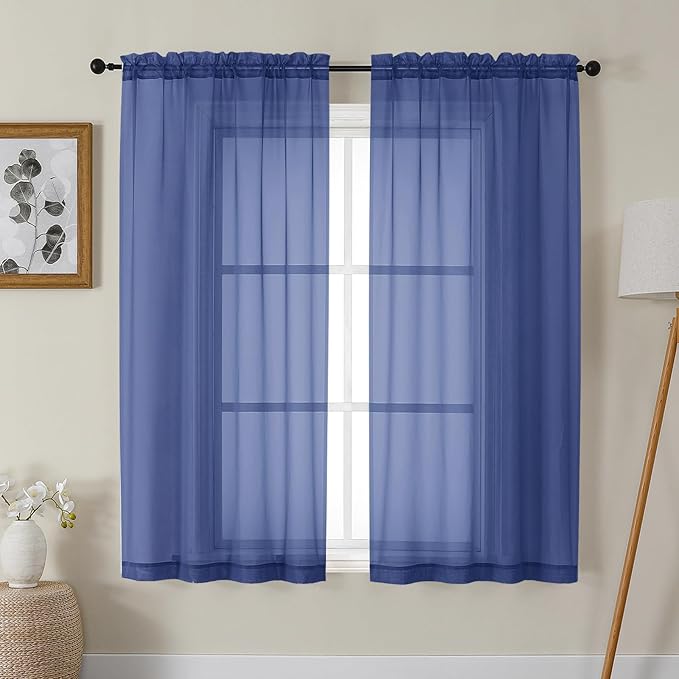 Gwine Royal Blue Sheer Curtains 63 Inch Length for Living Room 2 Panels, Light Filtering Rod Pocket Window Curtain Treatment for Bedroom, Voile Elegant Sheer Drapes，Each 42" Wx63 L, Royal Blue