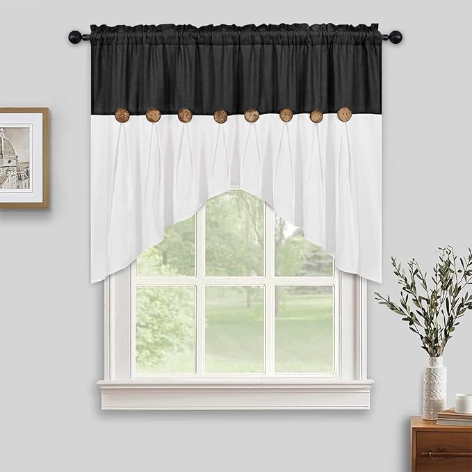FRAMICS Farmhouse Swag Curtain, Boho Cotton Linen Valance Curtain, Black Rustic Button Window Valance for Kitchen Bathroom Bedroom, Country Rod Pocket Valances for Windows, Black, 52 x 36 Inch