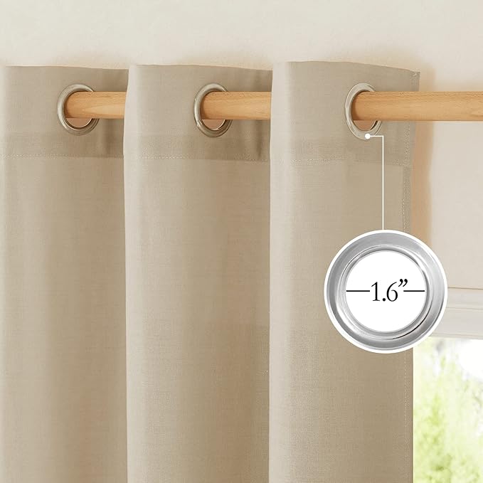 NICETOWN Thick Linen Blend Curtains Flax Textured for Bedroom, Rustic Grommet Semi Sheer Privacy Added Window Curtains & Drapes Light Filtering for Nursery, Angora, W42 x L63, Set of 2