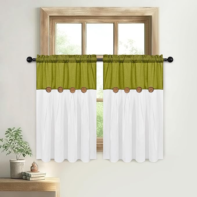 FRAMICS Farmhosue Kitchen Curtains 36 Inch Length, Rustic Cotton Linen Tier Curtains, Boho Button Short Curtain for Windows, Rod Pocket Small Window Curtain, Fresh Green and White, 26x36