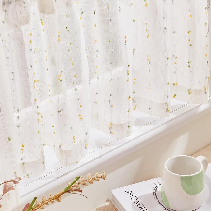 jinchan Valance Curtains for Windows 16 Inch Colorful Mini Pom-Pom Country Farmhouse Kitchen Valance Semi Sheer Voile Samll Window Treatment for Bedroom Living Room Rod Pocket 1 Panel Sunlit Grove