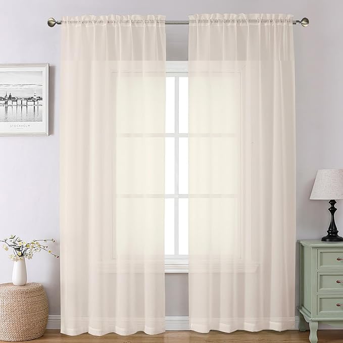 Chyhomenyc Cream Sheer Curtains 90 Inches Long - Light Filtering Solid Voile Window Panel Drapes for Bedroom, Elegant Soft Airy Living Room Sheer Curtains, Each 42Wx90L Inch, 2 Panels