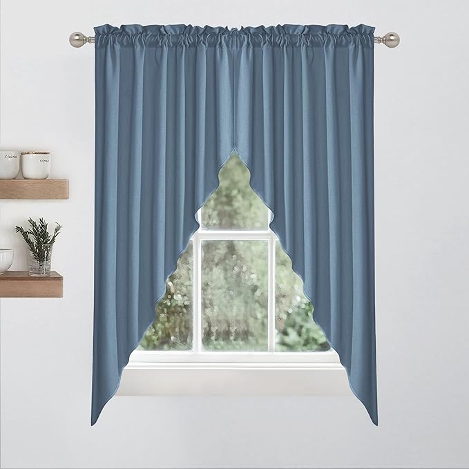 RYB HOME 2 Panels Sheer Valances Faux Linen Weave Textured Valance Curtains for Small Window Treatment Light Filtering Swag Curtain for Kitchen Living Room, Rod Pocket, Stone Blue, W 36 x L 63 inch