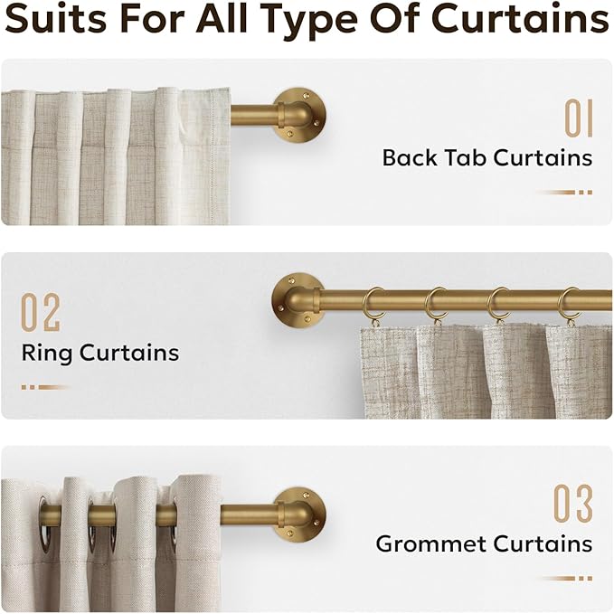Zeerobee Curtain Rods for Windows 66 to 120, 1 Inch Industrial Wrap Around Warm Gold Curtain Rod, Indoor/Outdoor Room Divider Adjustable Drapery Pole, 66"-120"