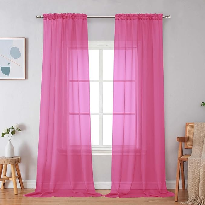 Simplebrand Hot Pink Sheer Curtains 96 Inches Long, Light Filtering Rod Pocket Solid Color Window Sheer Curtain Panels, Elegant Curtains & Drapes for Living Room, Bedroom 2 Panels 42" W x 96" L