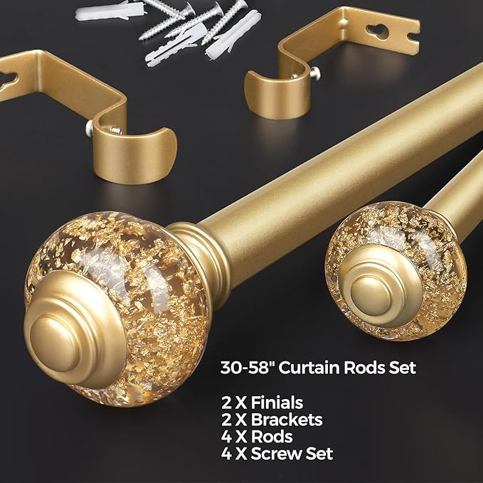 Curtain Rods 32 to 58 Inches (2.6-4.8ft), USFOOK 7/8 Inch Telescoping Splicing Drapery Rods for Windows 20 to 54 Inch, Decorative Curtain Rod for Home Decor with Luxury Gold Translucent Finials