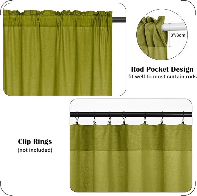 FRAMICS Farmhosue Kitchen Curtains 36 Inch Length, Rustic Cotton Linen Tier Curtains, Boho Button Short Curtain for Windows, Rod Pocket Small Window Curtain, Fresh Green and White, 26x36