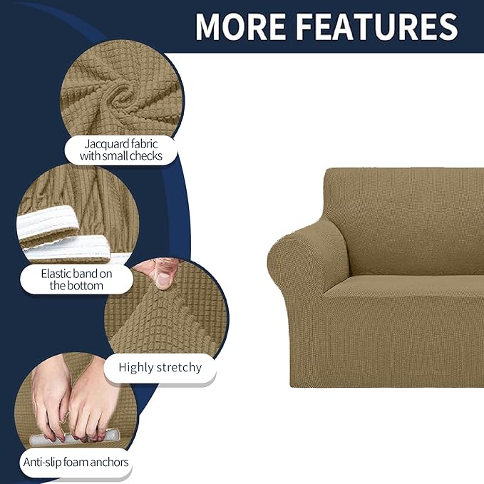 Cupuamon 2026 New Stretch Loveseat Sofa Slipcovers Couch Cover for 2 Cushion Furniture Protector Sofa Covers with Elastic Bottom Jacquard Fabric Small Checks for Pets, Kids - Tan