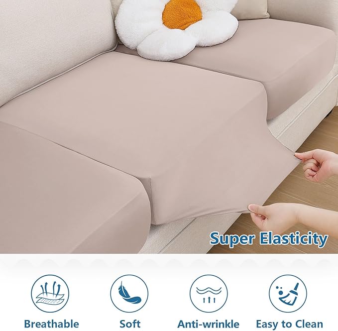 hyha Milk Silk Couch Cushion Covers, Soft Magic Sofa Covers Washable for 3 Cushion Couch, Stretch Sectional Outdoor Cushion Covers for Patio Furniture with Elastic Bottom(3 Packs, Taupe)
