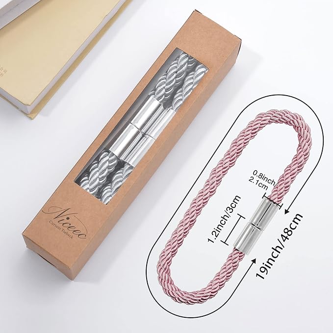 NICEEC 4 Pack Strong Magnetic Curtain Tiebacks Modern Simple Style Drape Tie Backs Convenient Decorative Weave Rope Curtain Holdbacks for Thin or Thick Home & Office Window Draperies (Pink)