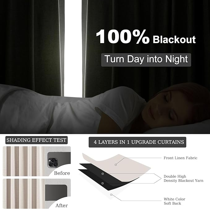 Topfinel Oatmeal Linen Blackout Curtains 96 Inches Long 8 FT Tall 2 Panels, Modern Decorative Sound/Draft/Cold/Warm Blocking Heavy Thermal Rustic Country Curtains for Living Room 52x96 2 pcs